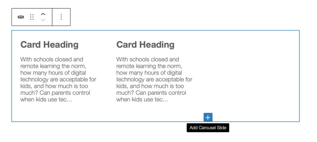 Screenshot of adding another slide in the Carousel block.